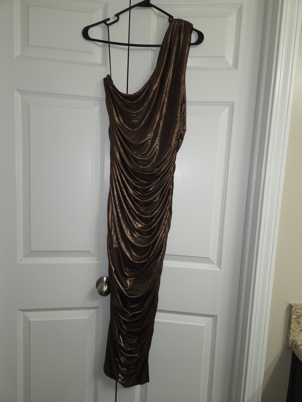 Fashion Nova One-Shoulder Draped Dress in Bronze